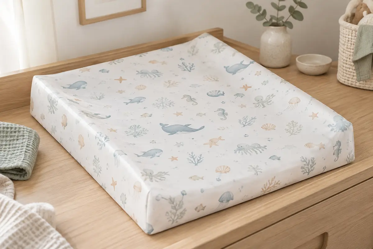 Matelas à langer blanc de forme cale avec motif marin Sea Life, posé sur une table à langer en bois clair.