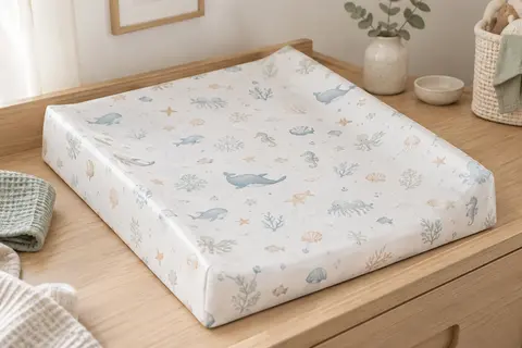 Matelas à langer blanc de forme cale avec motif marin Sea Life, posé sur une table à langer en bois clair.