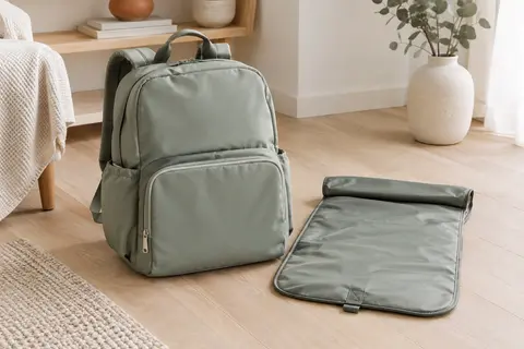 Sac à dos à langer avec poches de rangement et matelas de change plié posé à côté
