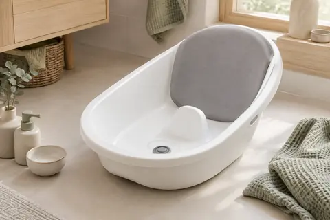 Baignoire bébé ergonomique blanche avec dossier gris, support intégré et bouchon de vidange