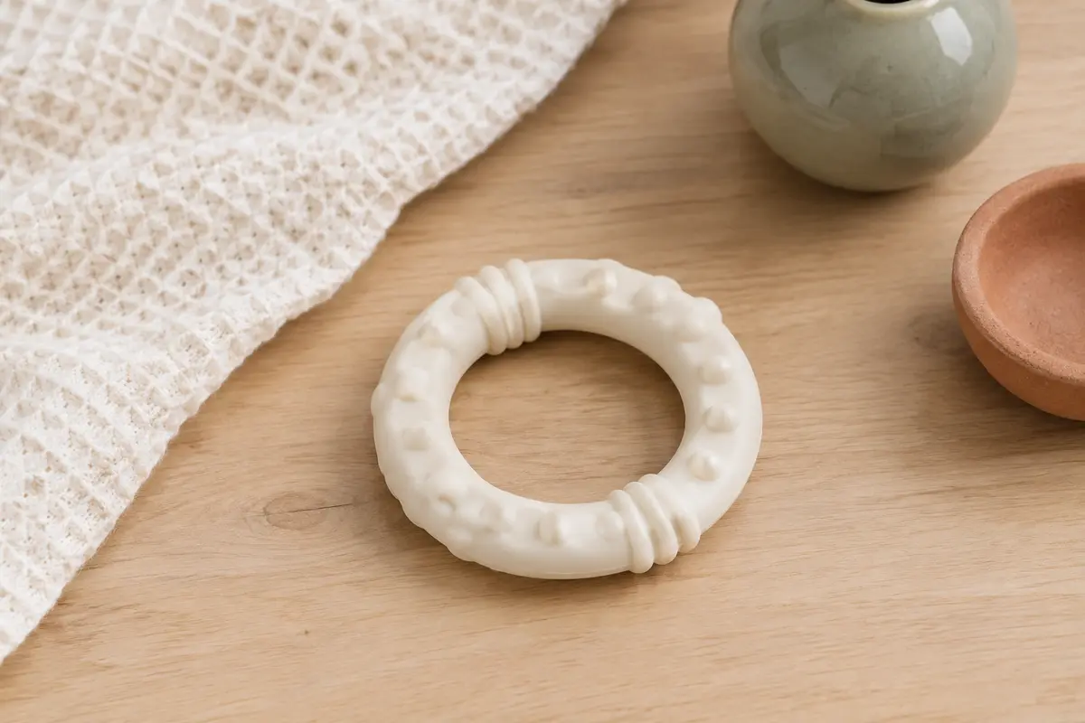 Anneau de dentition rond blanc en caoutchouc naturel posé sur un tissu crème