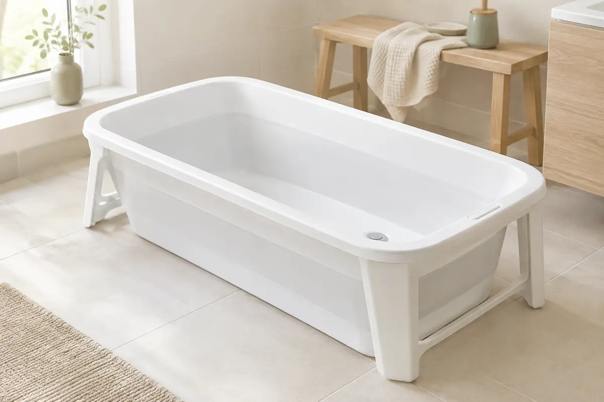 Baignoire bébé pliable XL blanche déployée dans une salle de bain lumineuse aux tons doux.