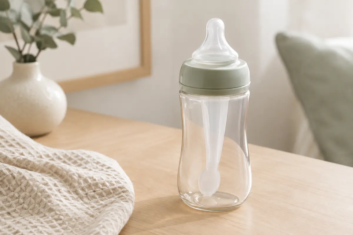 Biberon Suavinex Zero Zero avec tétine en silicone et poche anti-colique posé dans un décor doux
