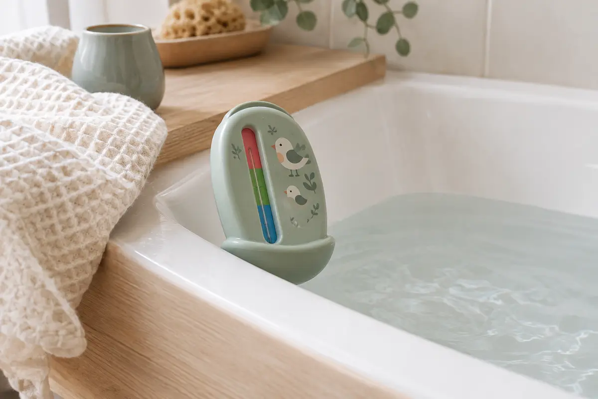 Thermomètre de bain Suavinex vert à motif Birdies flottant dans une baignoire claire