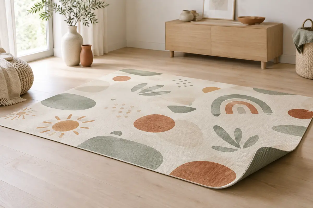 Tapis d’éveil pliable en mousse posé au sol, avec ses deux faces à motifs visibles.