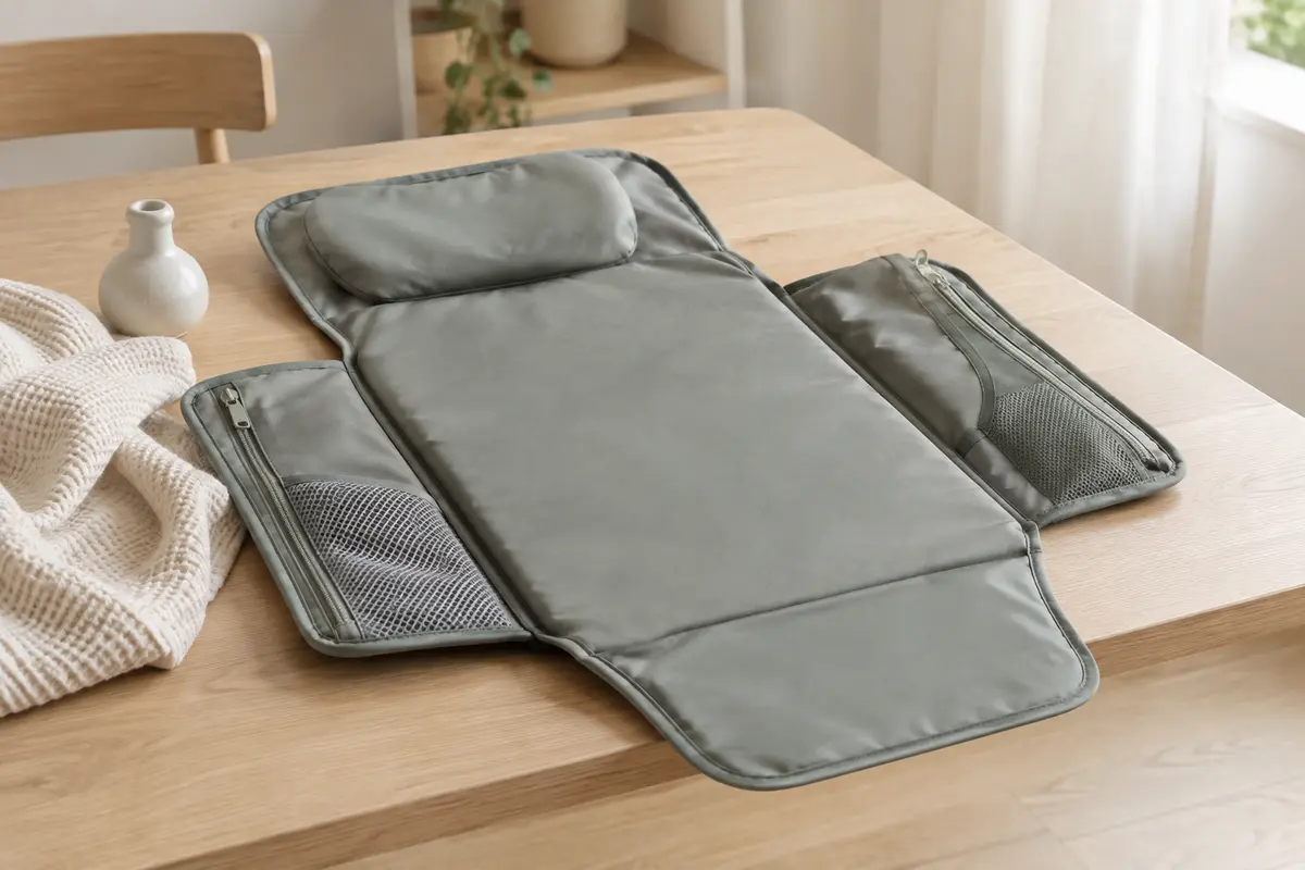 Matelas à langer portable gris déplié, avec coussin de tête rembourré et poches de rangement intégrées