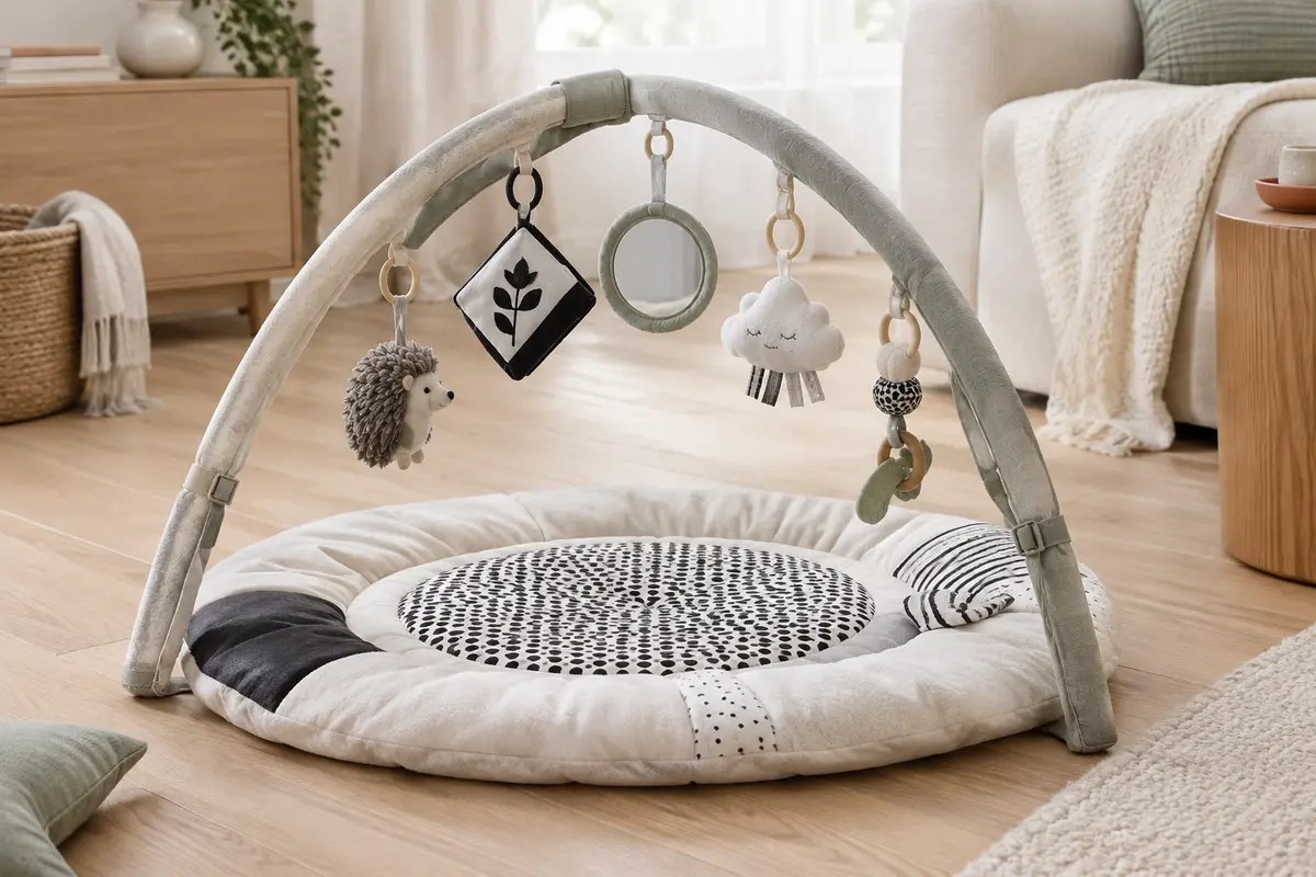 Tapis d’éveil Tiny Love noir et blanc avec arches réglables et jouets sensoriels suspendus