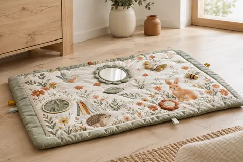 Tapis d’éveil Tiny Love Meadow Days déplié, avec miroir et activités colorées dans une pièce lumineuse.