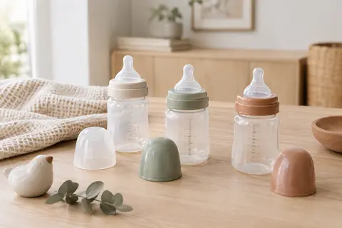 Trois biberons Tommee Tippee de 150 ml avec tétines à débit lent, disposés sur une table claire