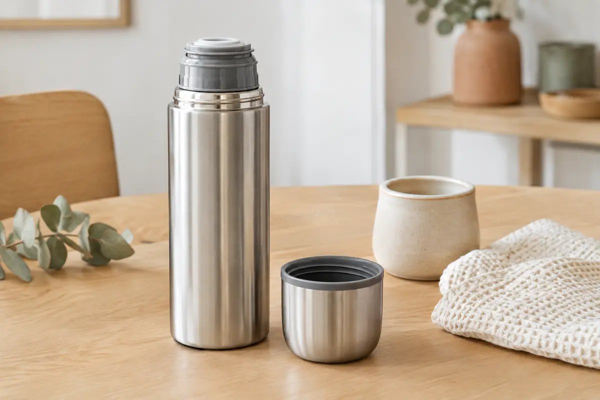 Bouteille isotherme argentée de chauffe-biberon de voyage posée sur une table en bois clair
