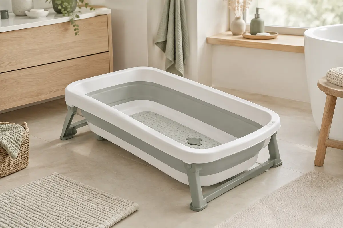 Baignoire bébé pliable avec tapis antidérapant et bouchon, installée dans une salle de bain lumineuse.