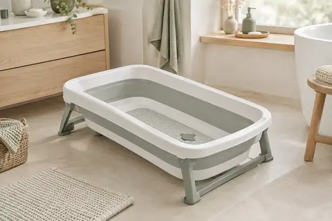 Baignoire bébé pliable avec tapis antidérapant et bouchon, installée dans une salle de bain lumineuse.