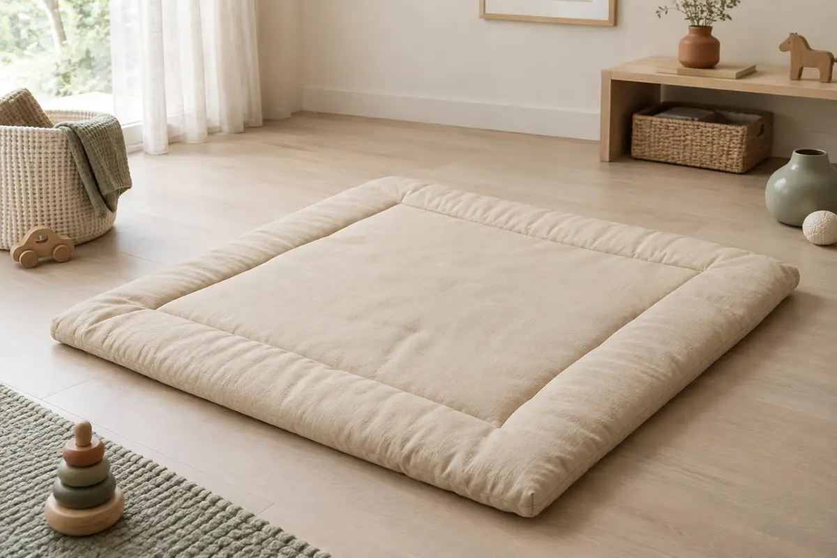 Tapis d’éveil carré rembourré en coton, motif Fleur de sable, posé dans une pièce lumineuse au sol clair.