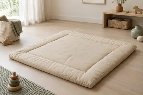 Tapis d’éveil carré rembourré en coton, motif Fleur de sable, posé dans une pièce lumineuse au sol clair.