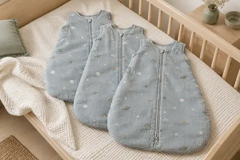 Trois gigoteuses d’été en coton bleu-gris à motifs célestes, avec fermeture éclair à double sens.