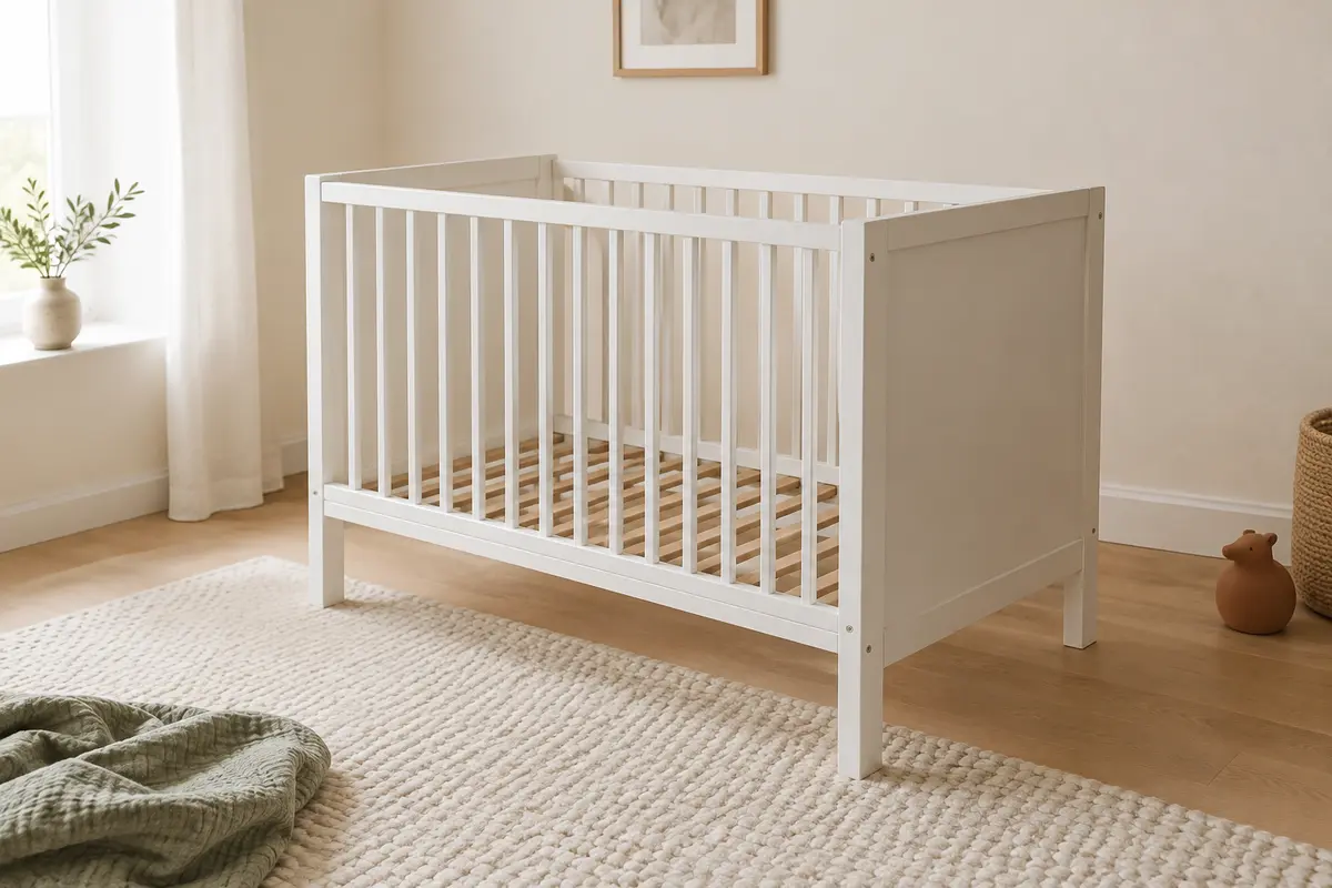 Lit bébé blanc à barreaux en bois massif, avec sommier à lattes, dans une chambre claire et épurée.