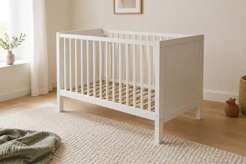 Lit bébé blanc à barreaux en bois massif, avec sommier à lattes, dans une chambre claire et épurée.